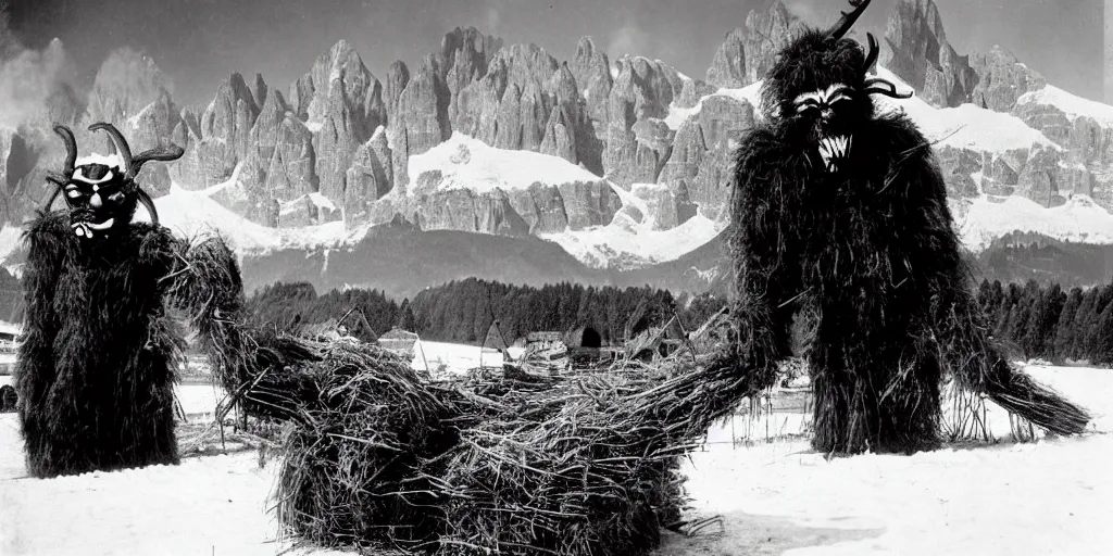 Prompt: 1 9 2 0 s photography of krampus hay monster burning on a pyre, submerged in snow, alpine huts and dolomites in background