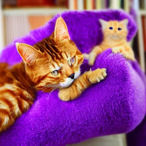 Prompt: tiny adorable purple fantasy dragon cuddles an orange tabby cat, realistic, orange tabby cuddles purple dragon, award - winning photography