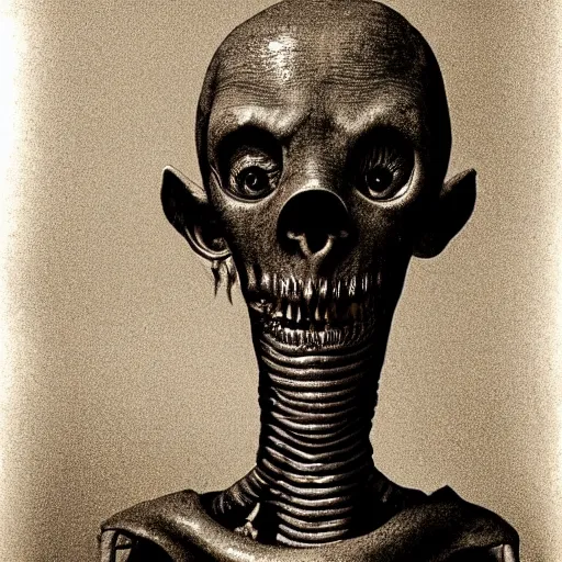 Prompt: humanoid with crooked teeth, sepia tint, two shallow black eyes, long open black mouth, alien looking, big forehead, horrifying, killer, creepy, long open black mouth, dead, looking straight into camera, realistic, slightly red, long neck, boney, monster, tall, very skinny, skullish, big forehead, in the style of alfred kubin