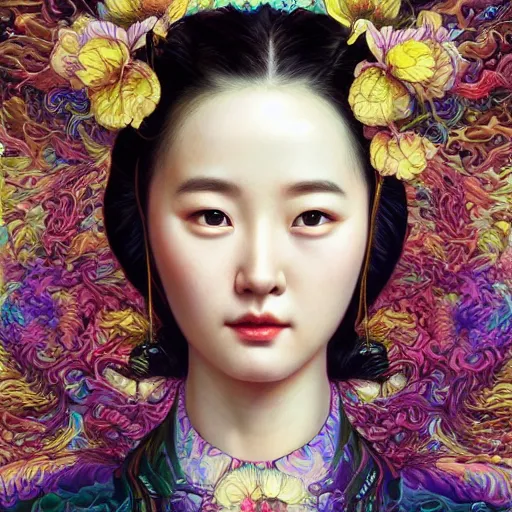 Image similar to portrait of liu yifei, hyper detailed masterpiece, neon floral pattern, jean giraud, digital art painting, darkwave goth aesthetic, psychedelic, artgerm, donato giancola and tom bagshaw