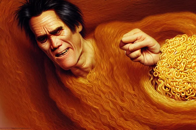 Image similar to ramen noodles jim carrey, hyper detailed, digital art, artstation, cinematic lighting, studio quality, smooth render, by caravaggio, artgerm, greg rutkowski