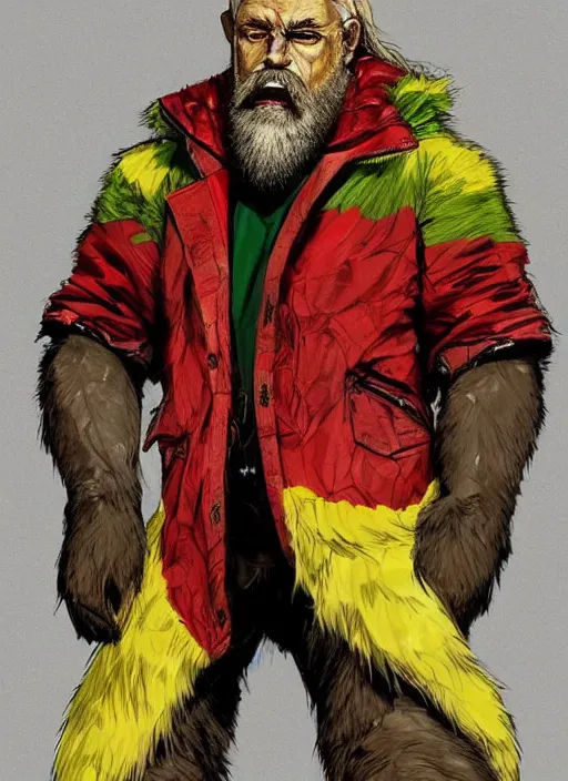 Image similar to Full body portrait of an old muscular man with blonde hair and beard wearing bear skin and red, green and gold jacket. In style of Yoji Shinkawa and Hyung-tae Kim, trending on ArtStation, dark fantasy, great composition, concept art, highly detailed.