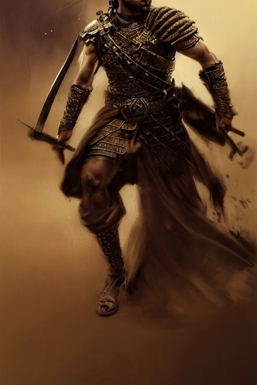 Image similar to portrait of a Persian Prince fighting at war, warrior, brutal battle, handsome prince, shaved face, without beard, attractive young man, shaved face, heroic pose, dramatic lighting, dark and horror, action and tragedy, dust and blood, intricate, wild, highly detailed, digital painting, artstation, concept art, smooth, sharp focus, illustration, art by artgerm and greg rutkowski and alphonse mucha, footage from space camera