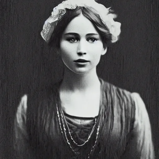 Image similar to victorian photograph of a mix of jennifer lawrence and lilly collins, 1 8 9 0 s photography, 1 9 0 0, realistic face, symmetrical face, studio photograph, grainy, edwardian, old photo