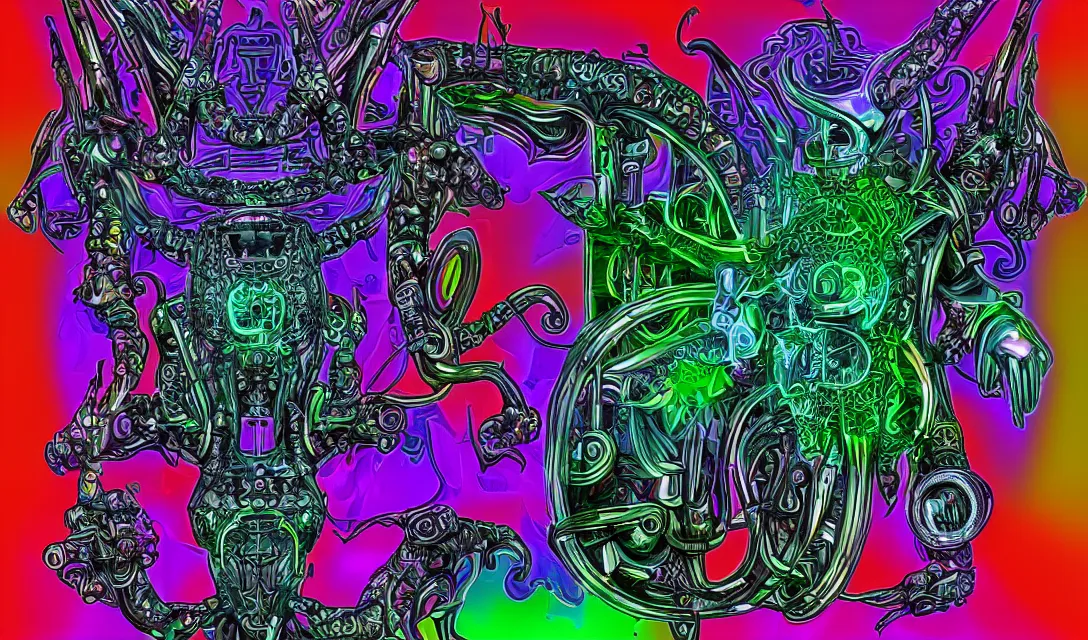 Image similar to biomechanical baphomet sigil merged with mainframe circuitry, multicolored digital art