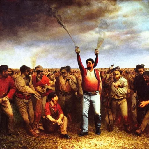 Prompt: pablo escobar as liberty leading the farmers in quarto stato by pellizza da volpedo, masterpiece 4 k digital, highly detailed, trending on artstation, award winning