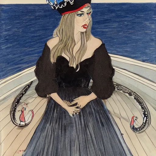 Image similar to crow in a yacht wearing a tulle dress with a crown made up of snakes