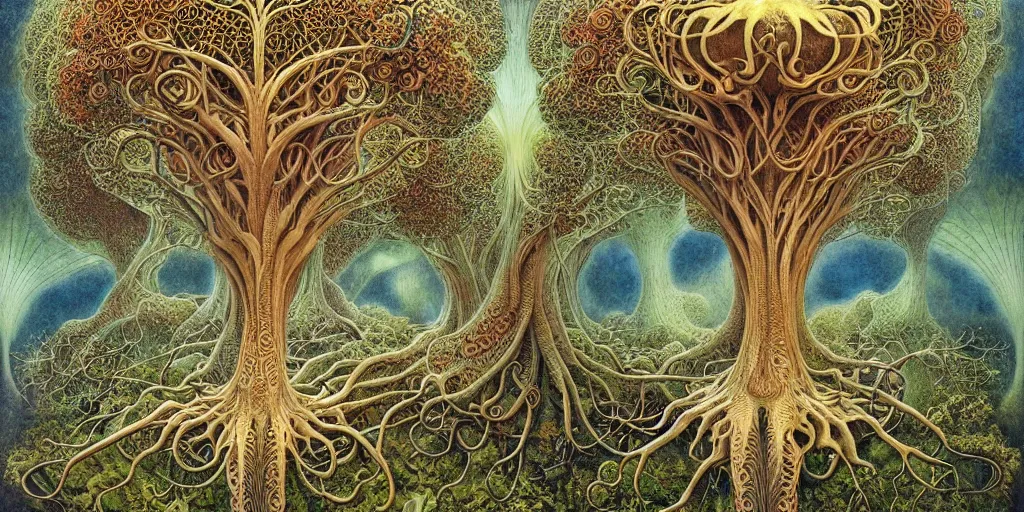 Image similar to tree of life by roger dean and andrew ferez, art forms of nature by ernst haeckel, divine chaos engine, symbolist, visionary, art nouveau, botanical fractal structures, organic, detailed, realistic, surreality