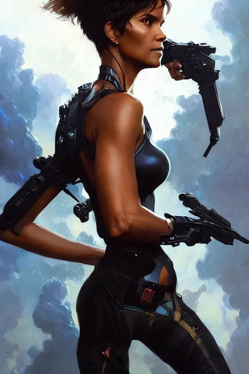 Image similar to halle berry storm as aeon flux profile picture by Greg Rutkowski, dynamic pose, intricate, futuristic, fantasy, elegant, by Stanley Artgerm Lau, greg rutkowski, thomas kindkade, alphonse mucha, loish, norman Rockwell,