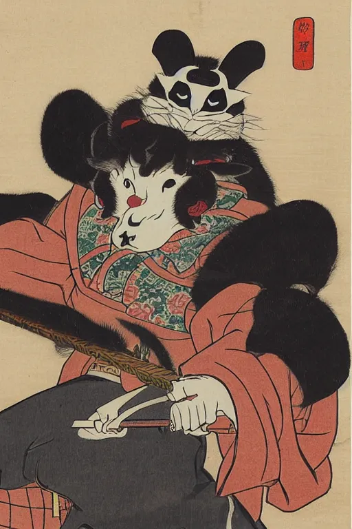 Image similar to a little - known commission from a famous ukiyo - e artist depicts the fursona of tokugawa ieyasu, furry shogun, tokugawa era illustration, vintage