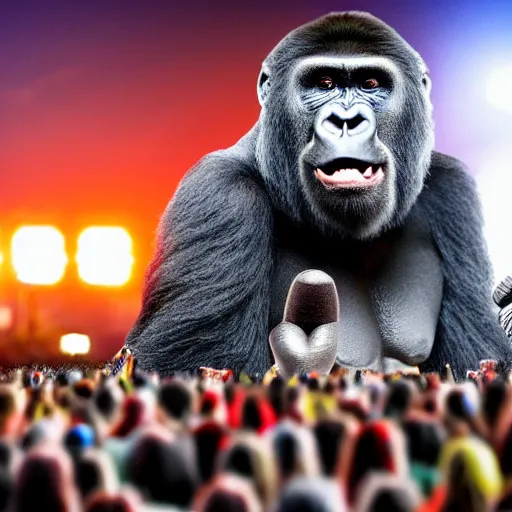 Image similar to a gorilla singing into a microphone as large crowd of people scream, at an outdoor night time stadium concert. highly detailed. wide angle