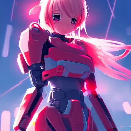 Image similar to digital anime art, cute mech girl wearing a red mech suit and blue eyes. wlop, rossdraws, sakimimichan