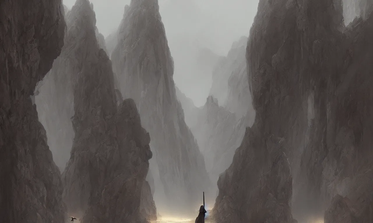 Prompt: lonely taoist monk walking with a stick anda long robe blown by the wind through mountainous canyons, lit by the light of gods, abandoned by gods, hyperdetailed artstation cgsociety by greg rutkowski and by Gustave Dore