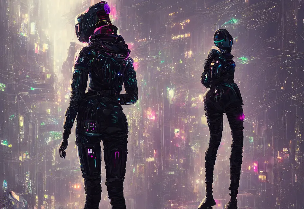 Image similar to skill magic deepdream guard girl cyberpunk futuristic, reflective puffer jacket, black leggings from the back radiating a glowing aura by ismail inceoglu dragan bibin hans thoma, perfect face, fine details, realistic shaded, fine - face, pretty face