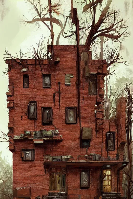 Prompt: (((((a ramshackle Manhattan brick brownstone deep in the forest))))) by Tim McBurnie!!!!!!!!!!!!!!!!!!!!!!!!!!!