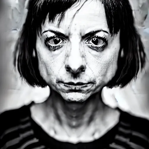 Image similar to symmetrical, portrait of cyberpunk kate micucci, scowling, studio lighting, depth of field, photography, black and white, highly detailed