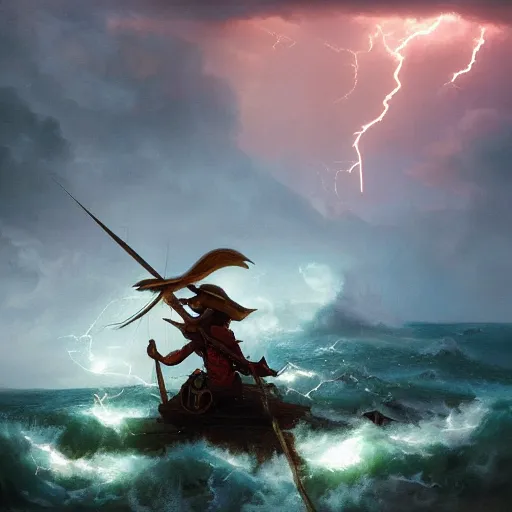 Image similar to a pirate with two wooden legs and two hook hands steering a wooden brigantine through a rain and lightning storm. first person deckhand pov, detailed dynamic light painting by peter mohrbacher