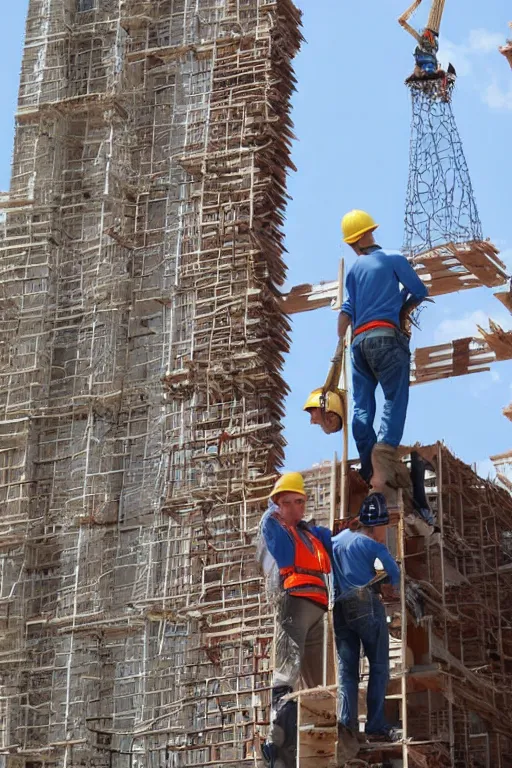 Image similar to towering giant helping tiny construction workers build a building. brick by brick, stone by stone.