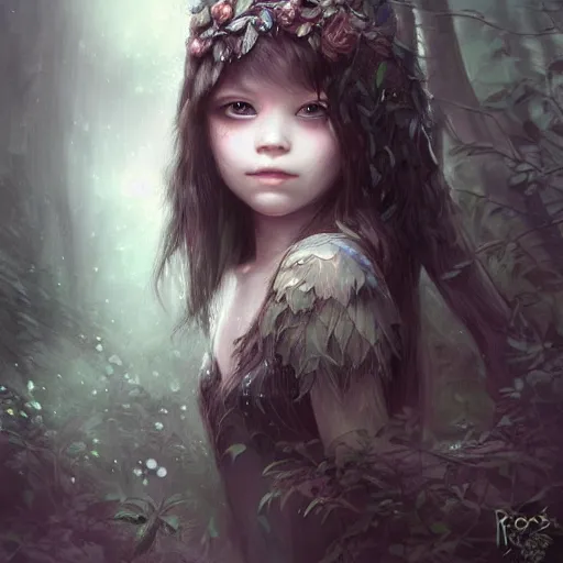 Image similar to dark forest child girl portrait by ross tran, fantasy, artwork, highly detailed face, sharp focus, forest, fog