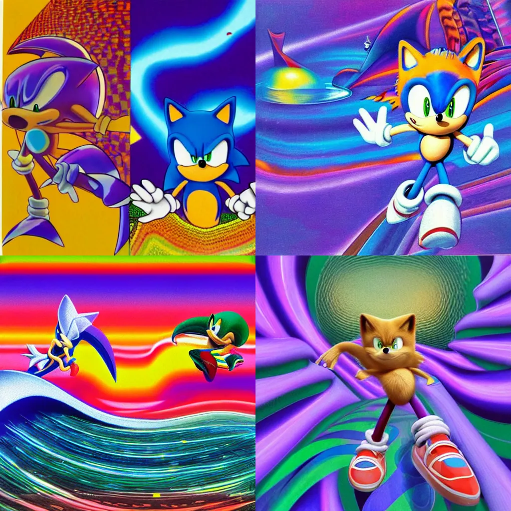 Image similar to sonic the hedgehog in a recursive surreal, sharp, detailed professional, high quality airbrush art MGMT tame impala album cover of a liquid dissolving LSD DMT sonic the hedgehog surfing through cyberspace, purple checkerboard background, 1990s 1992 Sega Genesis video game album cover,