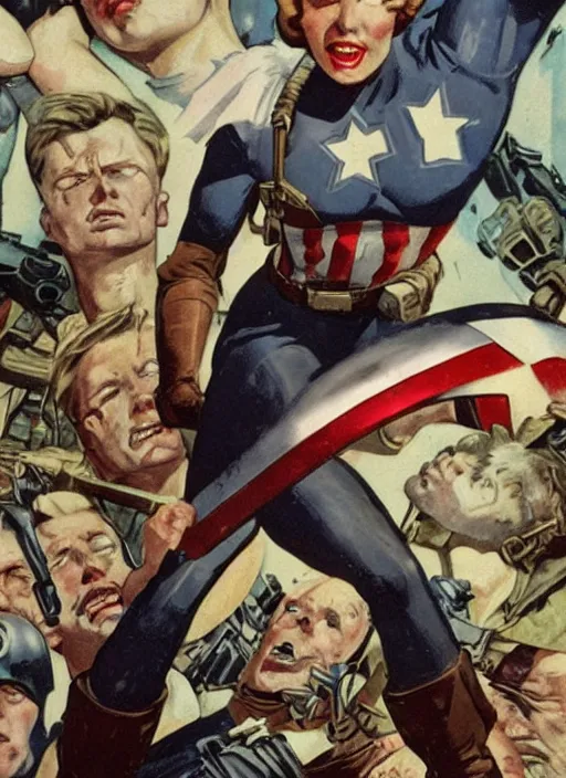 Image similar to beautiful female captain america standing on a pile of defeated, beaten and broken german soldiers. feminist captain america wins wwii. american wwii propaganda poster by james gurney. gorgeous face. overwatch. ralph bakshi