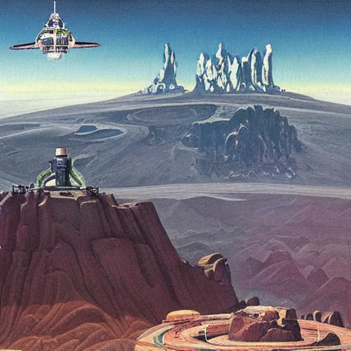 Prompt: a very detailed, majestic painting of alien mountainous world with explorers flying through beautiful painting by chesley bonestell