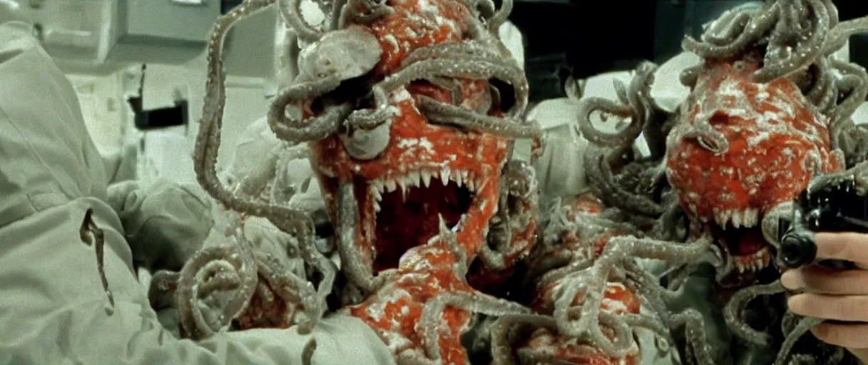 Image similar to filmic extreme close up shot movie still 4 k uhd interior 3 5 mm film color photograph of a camouflaged solider screaming being grabbed by a scientist with tentacles in a lab in antartica the thing 1 9 8 2