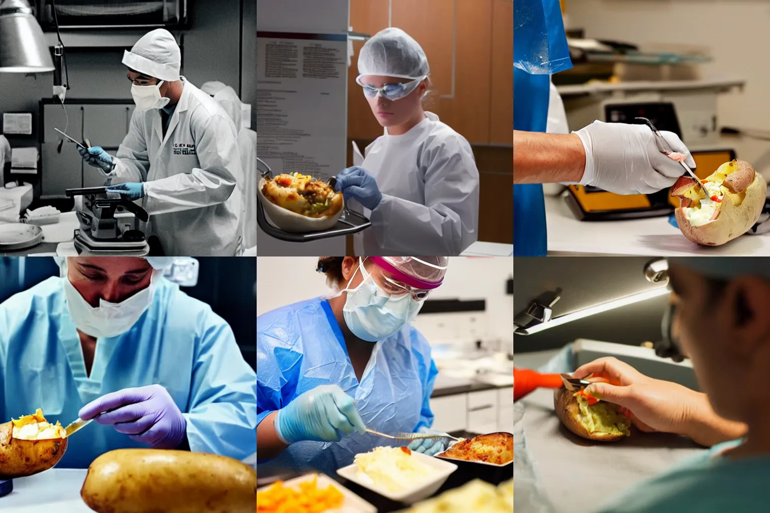 Prompt: Photograph of a surgeon operating on a baked potato, award winning, captivating, cinematic