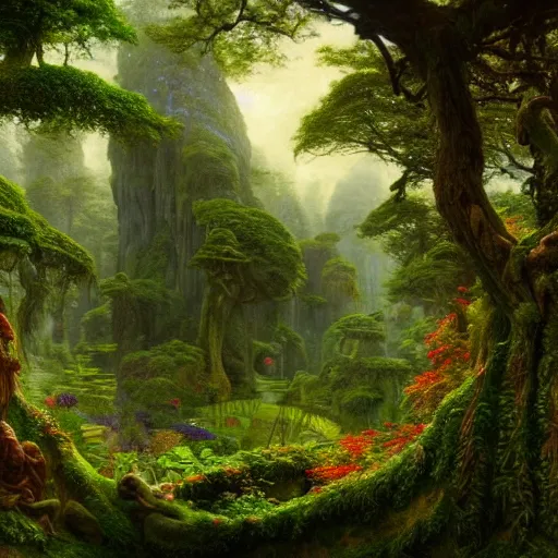 Image similar to a beautiful and highly detailed matte painting of a lush garden in a beautiful forest, carved celtic stone runes, psychedelic colors, intricate details, epic scale, insanely complex, hyperdetailed, artstation, cgsociety, 8 k, sharp focus, hyperrealism, by caspar friedrich, albert bierstadt, james gurney, brian froud,