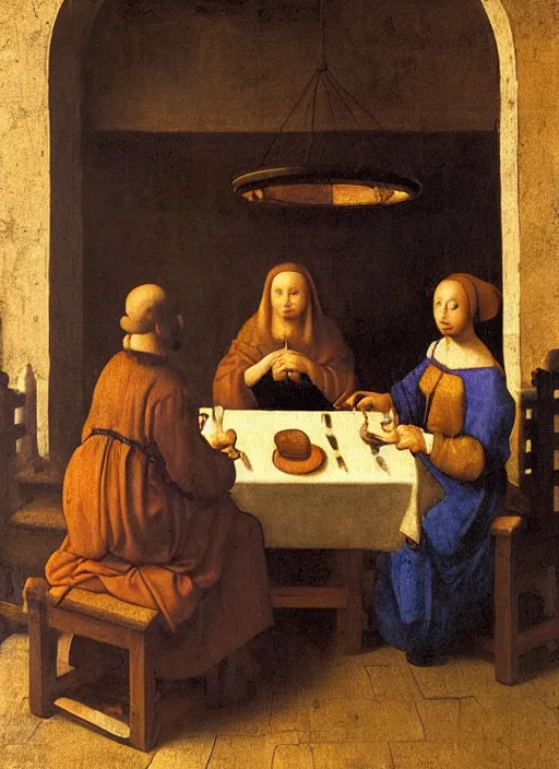 Image similar to a candlelit table at the inn, two people sitting at the table, swirling smoke, dark smoke, realistic, in the style of leonardo da vinci, dutch golden age, amsterdam, medieval painting by jan van eyck, johannes vermeer, florence