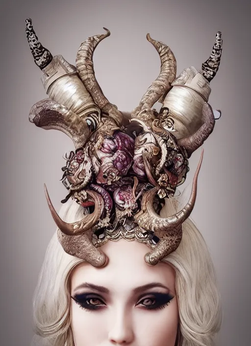 Image similar to a portrait of female by candy makeup, photorealistic, intricate details, hyper realistic, fantasy, elegant, baroque, horn, ram skull headpiece, photorealistic, photography, symmetrical features, symmetrical pose, wide angle shot, feet on the ground, wearable art, unreal engine