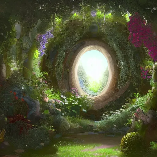 Image similar to a portal in a mysterious garden filled with spherical plants, by Claesz, Pieter, trending on art station