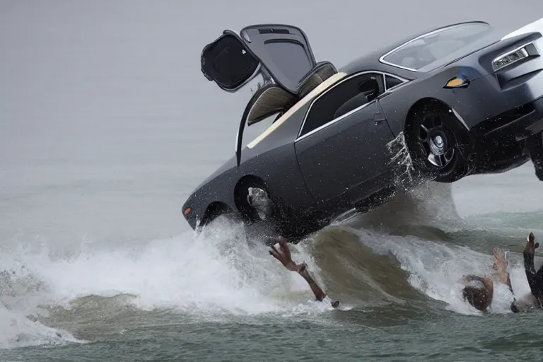 Image similar to Group of teenagers push Rolls-Royce into lake from small slide