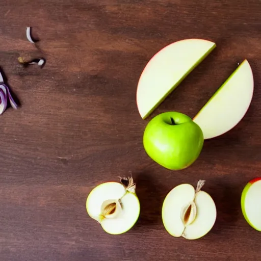 Image similar to set of balance scales with one apple in one side and one onion in the other