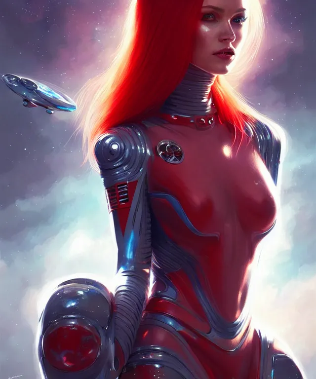 Prompt: futuristic bodycon spacesuit woman portrait, sci-fi, fierce eyes, long red hair, fantasy, intricate, elegant, highly detailed, digital painting, sharp focus, illustration, art by artgerm and greg rutkowski and WLOP
