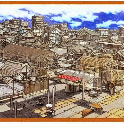 Image similar to japanese fishing town, japanese city, underground city, 2 0 0 1 anime, cel - shading, compact buildings, sepia sunshine