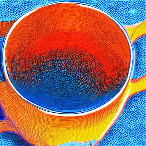 Image similar to boiling imagination in a bowl, ultra detailed, digital painting, dark blue, yellow, orange, red