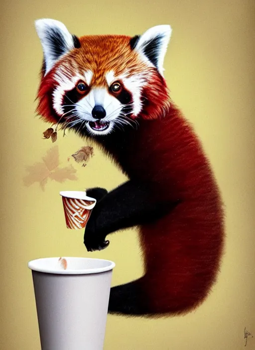 Prompt: red panda, paper cup, red hair young pale girl, fantasy, surreal, highly detailed, digital painting, artstation, concept art, illustration, art by patrick james woodroffe