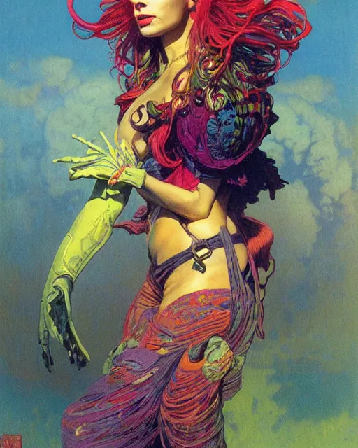 Image similar to rainbow flowerpunk portrait of a strict matriarch, on an aircraft, by paul lehr, beksinski, jesper ejsing, alphonse mucha