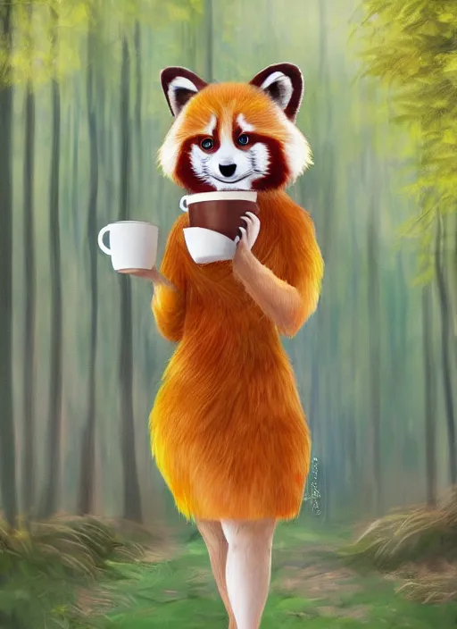 Image similar to beautiful portrait commission of a female furry anthro red panda fursona wearing a yellow dress, drinking a cup of coffee while walking through a summer forest, beautiful, vivid, highly detailed, trending on artstation,