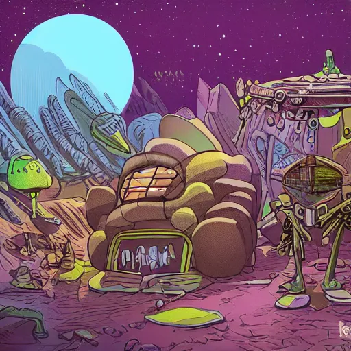 Prompt: extraterrestrial crime bazaar on another planet, Jim Henson creature shop, highly detailed, illustration