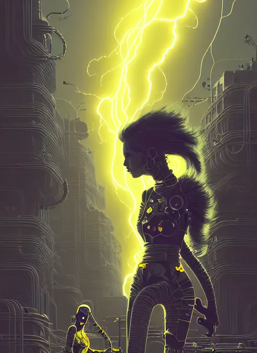 Image similar to highly detailed portrait of wasteland punk long curly bright yellow and white plasma electricity hair tribal lady, stray electric spark wiring by atey ghailan, james gilleard, by joe fenton, by greg rutkowski, by greg tocchini, by kaethe butcher, 4 k resolution, gradient yellow, black and white color scheme!!! ( ( lightning cloudy robotic dystopian city background ) )