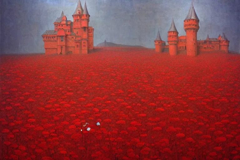 Image similar to only with red, red flowers of different types, a red tiger, a castle in the background, medieval demons dance over the flowers, an ancient path, in the style of beksinski, part by hopper, part by rodcenko, part by hofbauer, intricate composition, red by caravaggio, insanely quality, highly detailed, masterpiece, red light, artstation