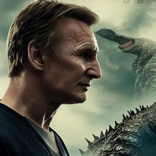 Prompt: liam neeson versus godzilla, movie poster, profile angle, high quality, realistic, head to head