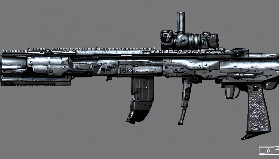 Prompt: extremely detailed realistic side view of a sci fi light machine gun, detailed trigger, chemically propelled, pattery powered, smooth streamline, battery and wires, railgun, tribarrel, gauss, elegant sleek smooth body, white paint, smooth utopian design, ultra high quality, minimalist, octane, cod, destiny, warframe, terminator