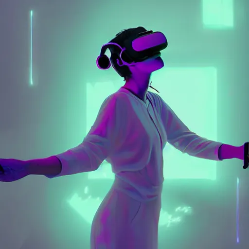 Image similar to digital art of a woman playing with a vr headset in a cyan and purple lit room greg rutkowski style