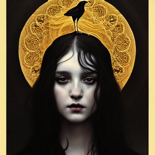 Image similar to young goddess of crows, unusual sublime beauty, emotionally evoking symbolic metaphors, head in focus, fantasy, ornamental, intricate, elegant, sensual, highly detailed digital painting, artstation, concept art, painterly, golden ratio, sharp focus, illustration, art by John Collier and Krenz Cushart and Artem Demura and and Greg Rutkowski and Alphonse Mucha and Albert Aublet