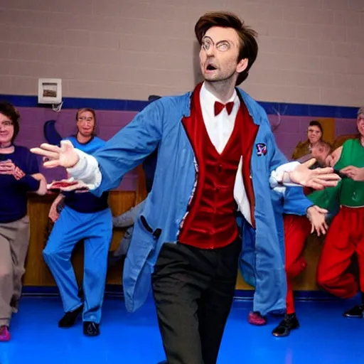 Image similar to closeup promotional image of an David Tennant as Doctor Who at a polka dance-off contest at the YMCA basketball gym, around the gym everyone is cheering, in the background the Tardis door is wide open to the interior, frenetic, quirky, movie still, promotional image, imax, digital art, hyper detailed, sharp focus, f8