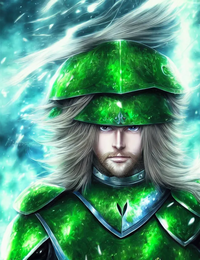 Image similar to a detailed manga portrait of a long haired blonde man with blue eyes in green armour glowing with green energy, trending on artstation, digital art, 4 k resolution, detailed, high quality, sharp focus, hq artwork, coherent, insane detail, character portrait