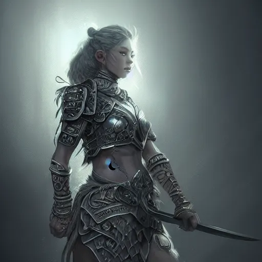 Image similar to beautiful extremely detailed intricate concept art depicting a warrior by wlop. shining jewelry. grey atmosphere. particles in the background. bcy. net